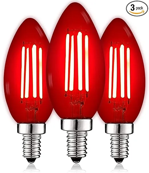 LUXRITE E12 LED Filament Red Light Bulbs, 4.5W (40W Equivalent), Colored Glass Candelabra Bulb, UL Listed, E12 Base, Indoor Outdoor, Porch, Decoration, Party, Holiday, Event, Home Lighting (3 Pack)
