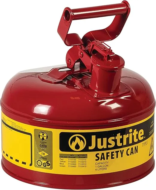 Justrite 1 Gallon Type I Red Safety Gas Can for Gasoline with Flame Arrester and Self-Closing Lid, Made in the USA, Galvanized Steel Flammable Storage Can, 7110100