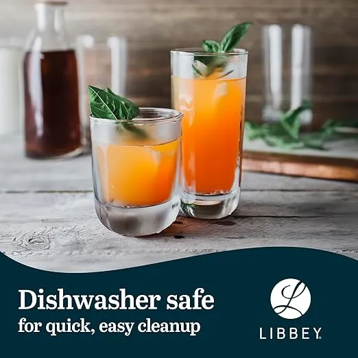 Libbey Polaris Tumbler and Rocks Glass Set, Clear Drinkware Glasses Set, Short and Tall Water Glasses with Modern Clean Lines, Dishwasher Safe Drinking Glasses Set of 16