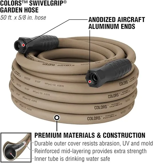 Colors Garden Hose with Swivelgrip, 5/8 in. x 50'., Drinking Water Safe, Brown Mulch - HFZC550BRS, From the Makers of Flexzilla