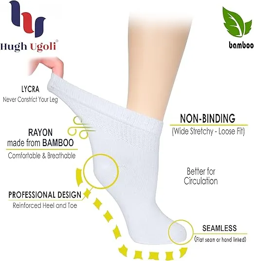 Hugh Ugoli Women's Bamboo Diabetic Ankle Socks, Super Soft Seamless Toe Non Binding, Wide, Loose Fit & Stretchy, 3 Pairs