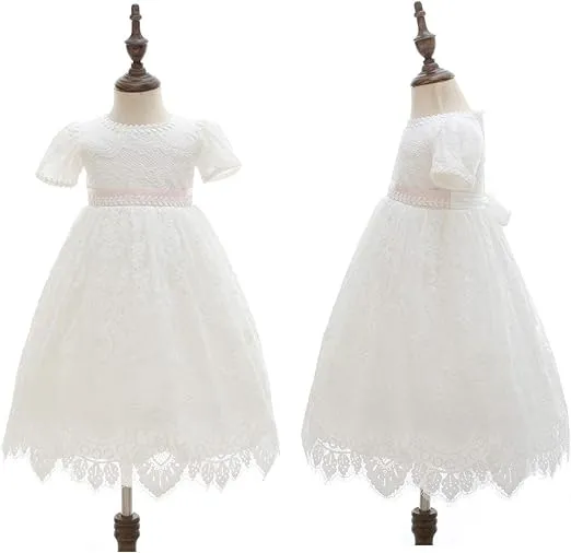 Meiqiduo Baby Girls Lace Dress Christening Baptism Gowns Outfit with Bonnet