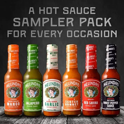 Melinda’s Chef Fig’s Heat & Flavor Collection - Gourmet Hot Sauce Gift Set with a Variety of Flavors & Spice Levels - Includes Ghost, Mango, Garlic, Red Savina, Scotch Bonnet, Jalapeño - 5 oz, 6 Pack