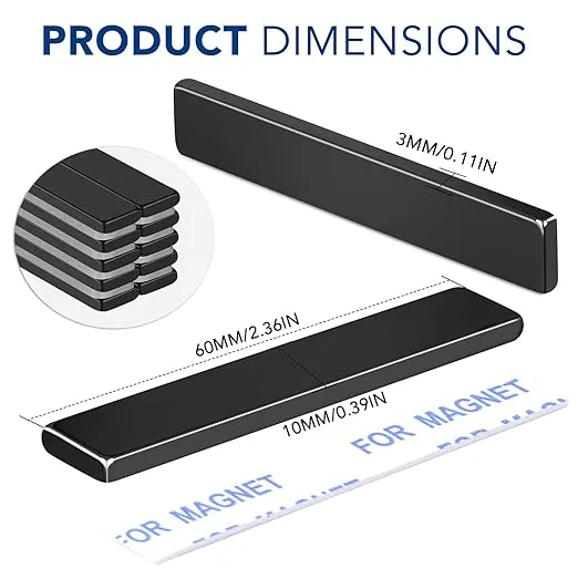 TRYMAG Strong Neodymium Black Magnets Bar, 12 Pack Powerful Rare Earth Magnets with Double-Sided Adhesive, Waterproof Black Magnetic Magnet Strips Heavy Duty for Kitchen, DIY, Office - 60 x 10 x 3 mm