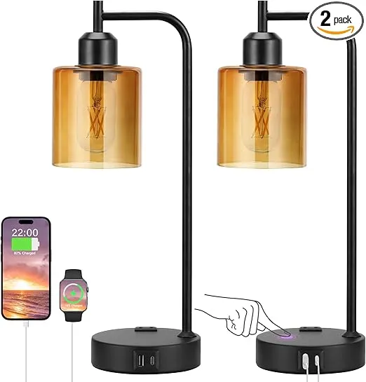 Industrial Touch Nightstand Lamps for Bedrooms Set of 2 - 3-Way Dimmable Table Lamps with USB C+A Ports and Outlet, Bedside Lamps with Amber Glass Shade for Living Room, Desk Lamps for Home Office
