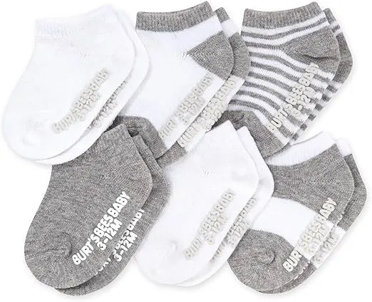 Burt's Bees Baby Unisex Baby Socks Ankle or Crew Height Made with Soft Organic Cotton, 6 Packs with Non-Slip Grips for Babies