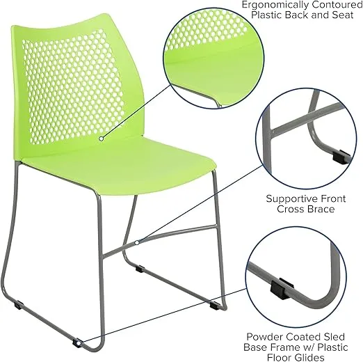 Flash Furniture Hercules Series Contoured Lobby Chairs with Air-Vent Honeycomb Backs, Ergonomic Stacking Chairs for Offices, Set of 5, Green