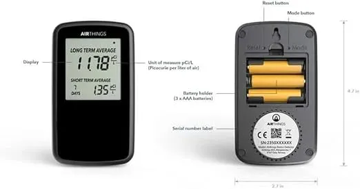 Airthings Corentium Battery-Operated Lightweight Digital Home Radon Detector with LCD Display for Continuous and Long-Term Monitoring