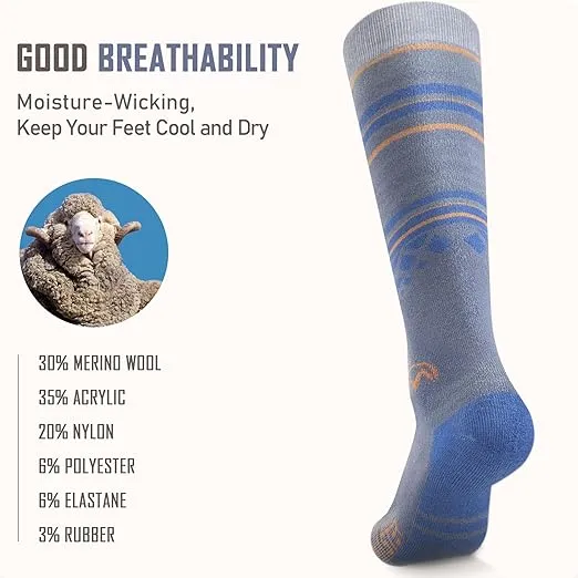 Ski Socks 2-Pack Merino Wool, Over The Calf Non-Slip Cuff for Men & Women