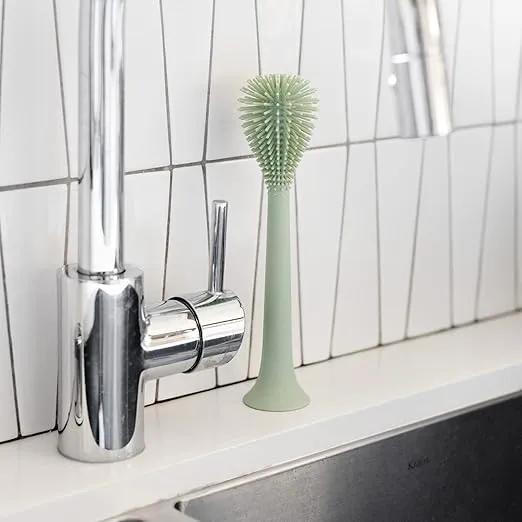 ezpz Bottle Brush (Sage) - Silicone Bottle Cleaning Tool with Long Sturdy Handle, Flexible Top for Tight Spaces - Gently Cleans Cups, Glasses, Bottles and Accessories - Suction Base, BPA-Free