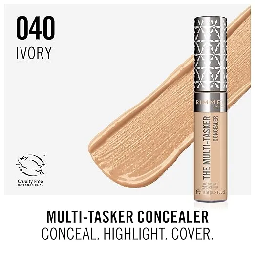 Rimmel London, Multi-Tasker Concealer, 040 Ivory, Crease-Proof, Transfer-Proof, Waterproof, Up To 24-Hour Wear, Vegan Formula, 0.33oz
