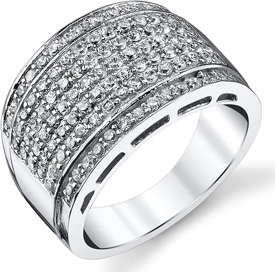 Sterling Silver Men's High Polish Micro Pave Wedding Band Ring With Cubic Zirconia CZ Sizes 5 to 12