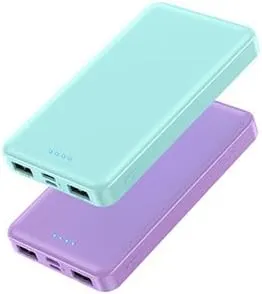 [2 Pack] Portable Charger Power Bank 10000mAh,Ultra Slim Compact External Battery Pack with USB C Input & Dual USB Outputs Backup Charger Compatible with iPhone 13,12, Samsung S20,Tablet-Green+Purple