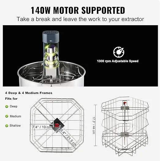 VEVOR Electric Honey Extractor, 4/8 Frame Stainless Steel Beekeeping Extraction, Honeycomb Drum Spinner with Transparent Lid, Apiary Centrifuge Equipment with Height Adjustable Stand, Silver