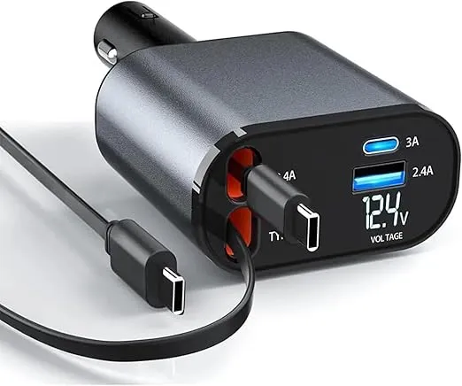 Retractable Car Charger,4 in1 Fast Car Phone Charger with Dual Retractable Cables and 2 Charging Ports (Dual TypeC Retractable Cords)
