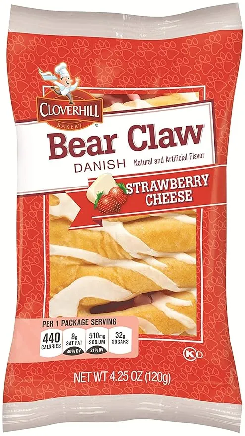 Cloverhill Bakery Bear Claw Strawberry Cheese Danish, 4.25 Ounce - 6 Count Display Box,6 Count (Pack of 1)