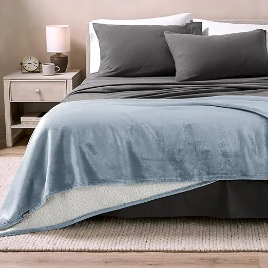 Bare Home Sherpa Fleece Blanket - Full/Queen - Blanket for Bed, Sofa, Couch, Camping, Travel, and Gifts - Warm & Lightweight - Fluffy & Soft Plush Blanket - Reversible (Full/Queen, Dusty Blue)