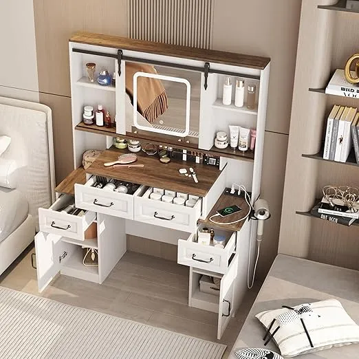 Farmhouse Makeup Vanity Desk with Sliding Mirror, White Vanity Table with Lights & Hidden Storage Shelves, Makeup Desk with Charging Station & 3 Brightness Lights/ 4 Drawers/ 2 Cabinets