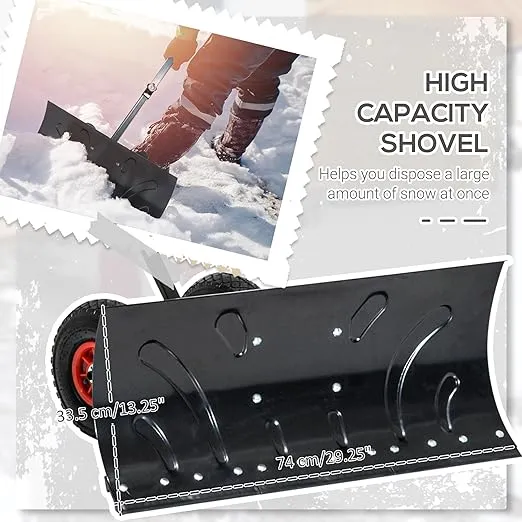 Outsunny Snow Shovel with Wheels, Snow Pusher, Cushioned Adjustable Angle Handle Snow Removal Tool, 29" Blade, 10" Wheels, Black