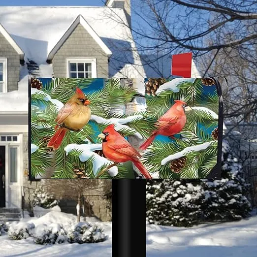 Briarwood Lane Snowy Cardinals Winter Magnetic Mailbox Cover Pine Cones Standard
