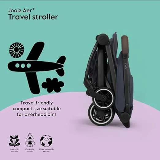 Joolz AER+ Lightweight Baby Stroller, Ultra Compact & Portable One-Hand Fold Design - Ergonomic Recline Seat - Infant & Toddler (up to 50 lb) - Airplane Friendly Stroller - XXL Sun Hood -Navy Blue