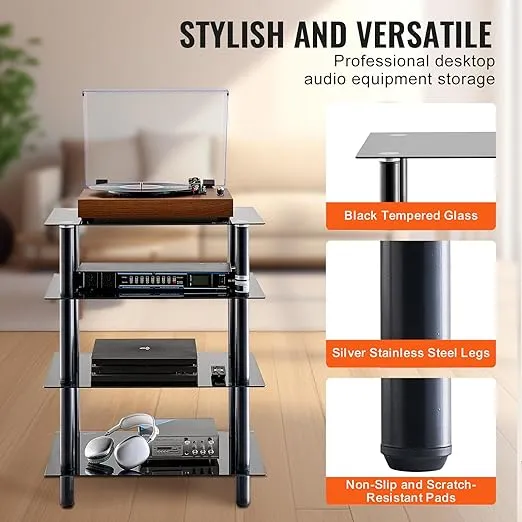 VEVOR 4-Tier AV Media Stand, Audio/Video Stand with Strengthened Tempered Glass Shevles for DVD/Cable Boxes/Games Consoles, Height Adjustable Media Storage Cabinet for Gaming/Recording Room
