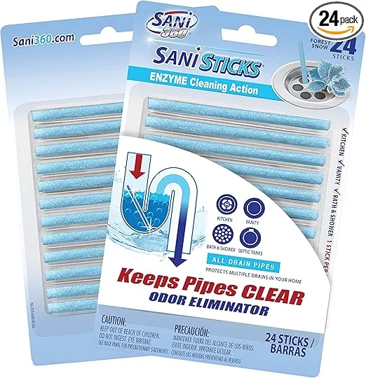 SANI 360° Sani Sticks Drain Cleaner and Deodorizer, Enzyme Pipe Cleaners, Eliminate Odors, Prevent Clogged Drains, Safe for Sinks, Bathtub Drains, Septic Tanks, 24 Count, Forest Snow
