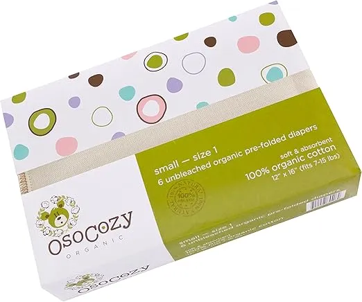 OsoCozy Organic Cotton Prefold Cloth Diapers (6pk) - Super-Soft, Thick, Absorbent, Durable and Ecologically Friendlier.