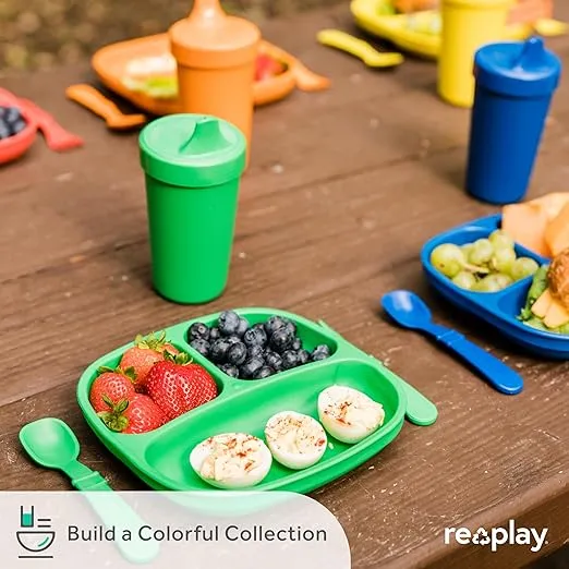 Re-Play Made in USA 7" Deep Walled Divided Plates for Kids, Set of 3 - Reusable 3 Compartment Plates, Dishwasher and Microwave Safe - 7.37" x 7.37" x 1.25", Seashell