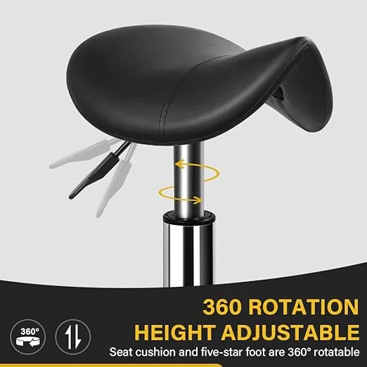 Heavy Duty Saddle Rolling Stool with Wheels Hydraulic Swivel Adjustable Rolling Stool Ergonomic Thick Leather Seat Stool Chair for Kitchen Drafting Lab Office Salon Message Stool – Black