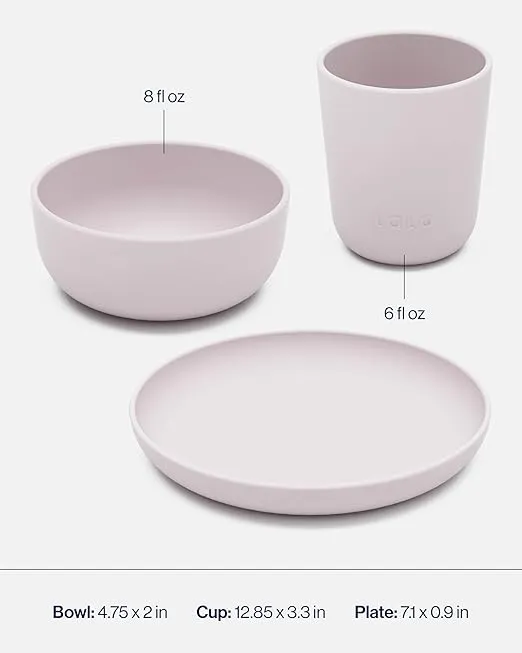 Lalo Big Bites Kids Dinnerware Full Set - Dishwasher Safe, BPA Free, Kids Tableware Set - Includes Stackable Bowl, Plate, Utensils & Cup - 7 Pieces - Lavender