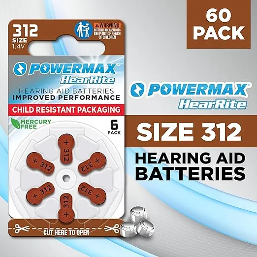 Powermax Size 312 Hearing Aid Batteries, Brown Long Tab for Easy Change, 60 Count
