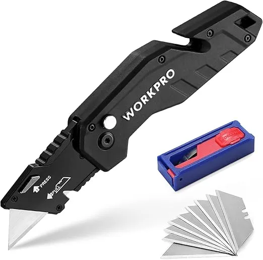 WORKPRO Folding Utility Knife, Box Cutter with Belt Clip, Quick-Change Blade, Lightweight Nylon Handle, Wire Stripper & Gut Hook, Extra 10 SK5 Blades Included, Black