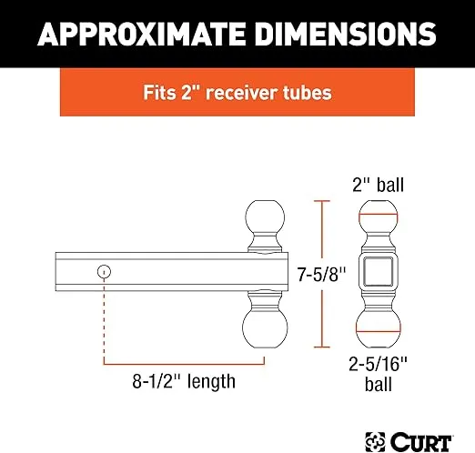 CURT 45660 Multi-Ball Trailer Hitch Ball Mount, 2, 2-5/16-Inch Balls, Fits 2-Inch Receiver, 10,000 lbs
