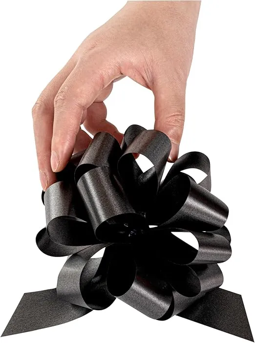 Restaurantware Gift Tek 5.5 Inch Ribbon Pull Bows 10 Satin Pull Bows - 20 Loops Instant Pull Design Black Plastic Flower Bows For Gifts Large For Wedding Baskets And Gift Wrapping