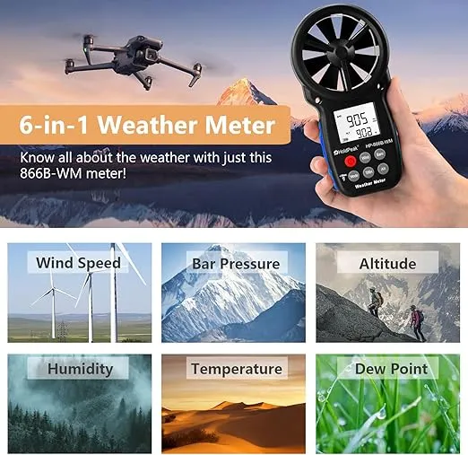 HoldPeak Handheld Anemometer Barometer, Weather Meter for Wind Speed, Temperature, Humidity, Dew Point, Altitude, Barometric Pressure, Wind Chill Measuring, Digital Wind Guage 866B-WM
