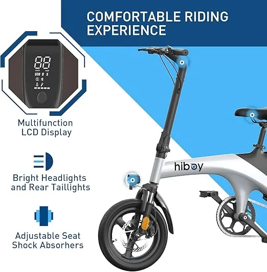 Hiboy C1 Electric Bike for Adults, Max 20MPH Speed & 43.5 Miles Range(PAS), 500W Peak Motor and Removable Battery, Front Suspension Electric Bicycle, 14" Foldable ebike for Adults and Teens