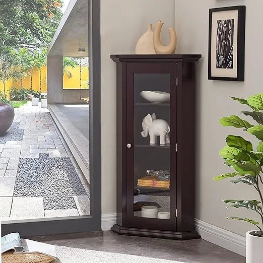 Kings Brand Furniture - Corner Curio Storage Cabinet with Glass Door, Cherry Finish