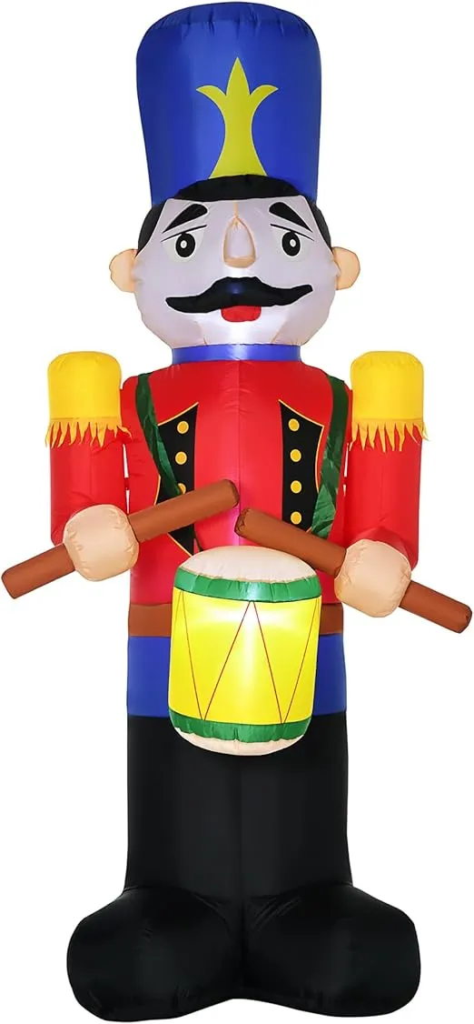 HOMCOM 8ft Christmas Inflatables Outdoor Decorations Nutcracker Toy Soldier with Drum, Blow-Up Yard Christmas Decor with LED Lights Display