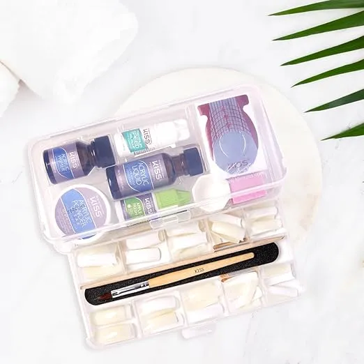 KISS Complete Salon Acrylic Fake Nails Manicure Kit, Acrylic Liquid, Acrylic Primer, Acrylic Powder Clear, Maximum Speed Nail Glue, Masking Formula, & 60 Long Length Bubble Free Acrylic Nails