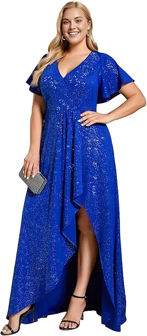 Ever-Pretty Women's Glitter A-line High Low Ruffles Plus Size Wedding Guest Dresses Formal Dresses with Sleeves 01738-PH