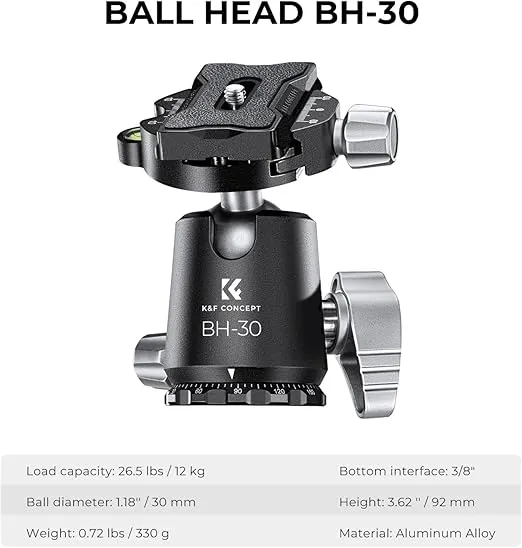 K&F Concept X-Series 68 inch/172cm Carbon Fiber Camera Tripod,Professional Photography Tripod with 30mm Metal Ball Head Load Capacity 12KG/26.4lbs for Indoor Outdoor Use X254C4+BH-30