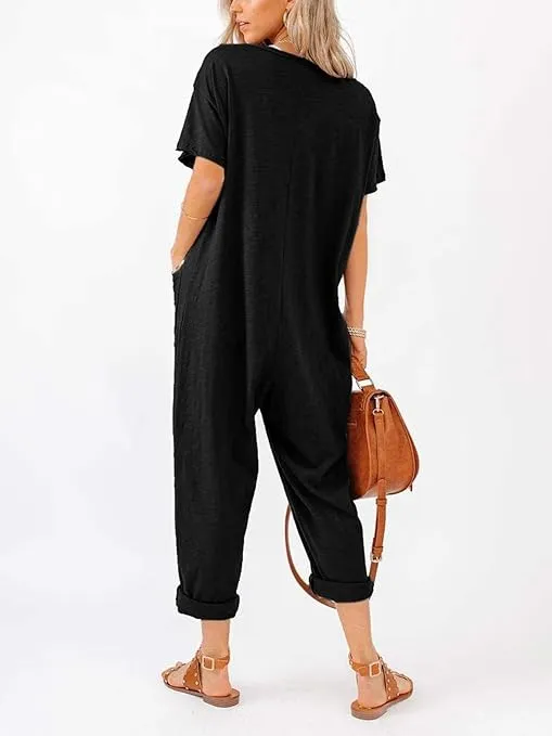 Aoysky Oversize Women's One Piece Button Up Jumpsuit Casual Loose Short Sleeve V Neck Long Pants Rompers