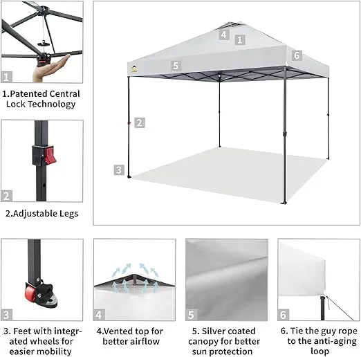CROWN SHADES 10x10 Pop Up Canopy - Beach Tent with One Push Setup - Outdoor Canopy Tent with STO-N-Go Cover Bag for Events, Parties, Silver Coated Top, 3 Height & 4 Sand Bags, White