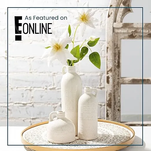 Sullivans Modern Farmhouse Distressed Two-Toned White Small Ceramic Jug Set of Three (3), 4, 7.5, 10” Tall, Crackled Finish Faux Floral Jugs, Distressed Decoration