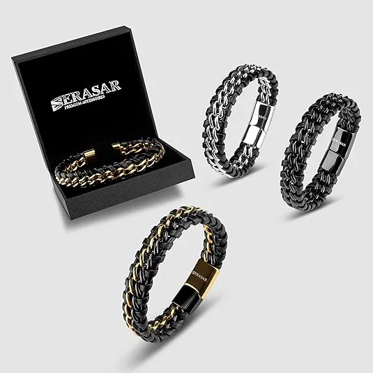 SERASAR | Premium Genuine Leather Bracelet [Steel] for Men in Black | Magnetic Stainless Steel Clasp in Black, Silver and Gold | Exclusive Jewellery Box | Great Gift Idea
