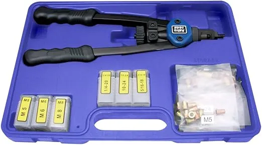 Astro Pneumatic, 1442, 13" Nut/Thread Setting Hand Riveter Kit W/ 3 pc Metric and 3pc SAE and10 Pcs. Each 10-24, 1/4-20,