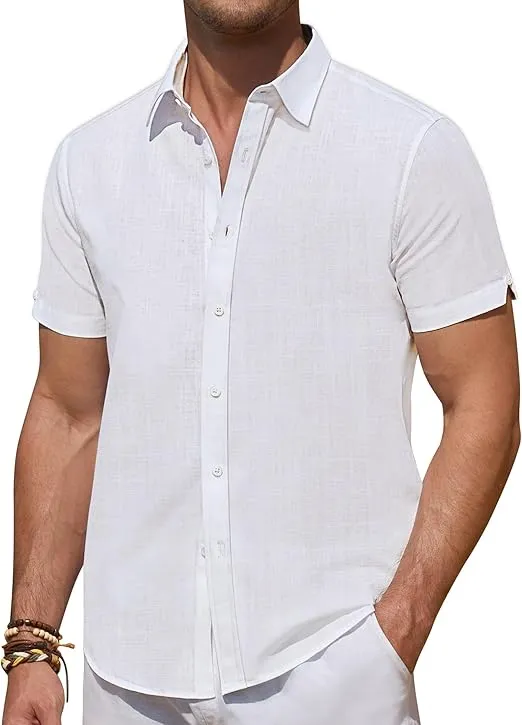 DEMEANOR Linen Shirts for Men Short Sleeve Linen Shirts Casual Button Down Shirts Summer Beach Hawaiian Shirt for Men