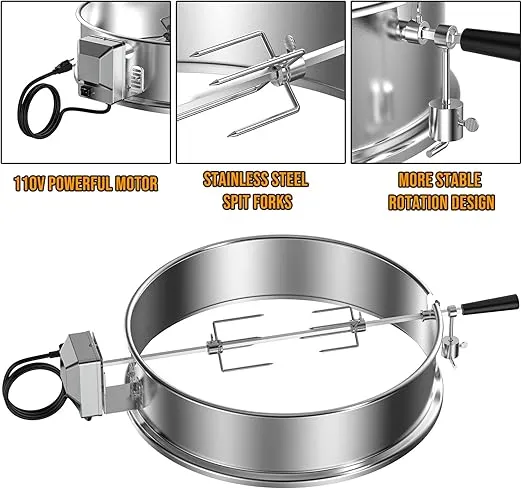 Charkettle Stainless Steel Rotisserie Ring Kit for 21 1/2–22 1/2 inch Outer Diameter Charcoal Kettle Grills, Compatible with Weber 2290 and Other Models