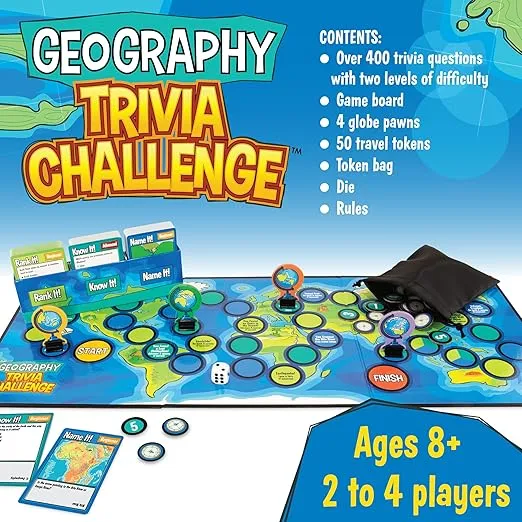 MindWare Geography Trivia Challenge Game - Board Games for Kids 8-12 and Up - Fun Trivia Games with 432 Double-Sided Question Cards - Educational Geography Games - Ages 8 and Up